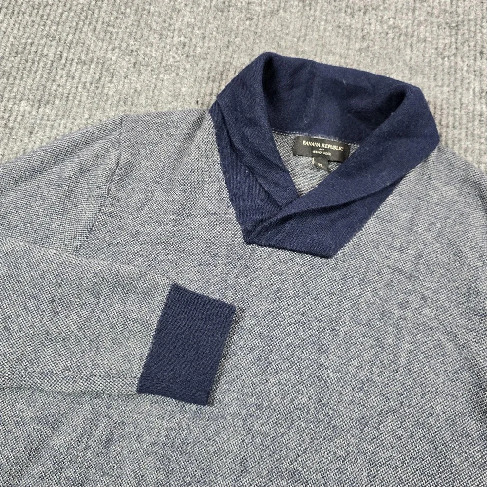 Banana Republic Sweater Mens Medium Blue Gray Merino‎ Wool Shawl Collar Pullover